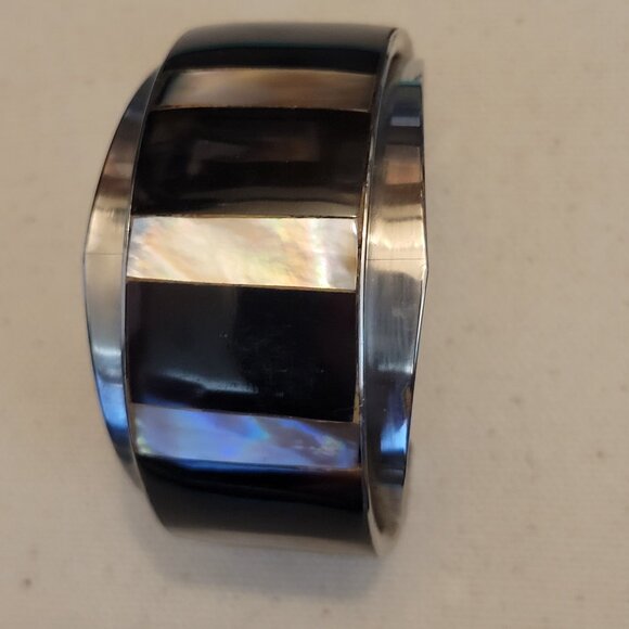 Jewelry - Vintage Silver Cuff Bracelet with Onyx and Abalone Stone Inlays